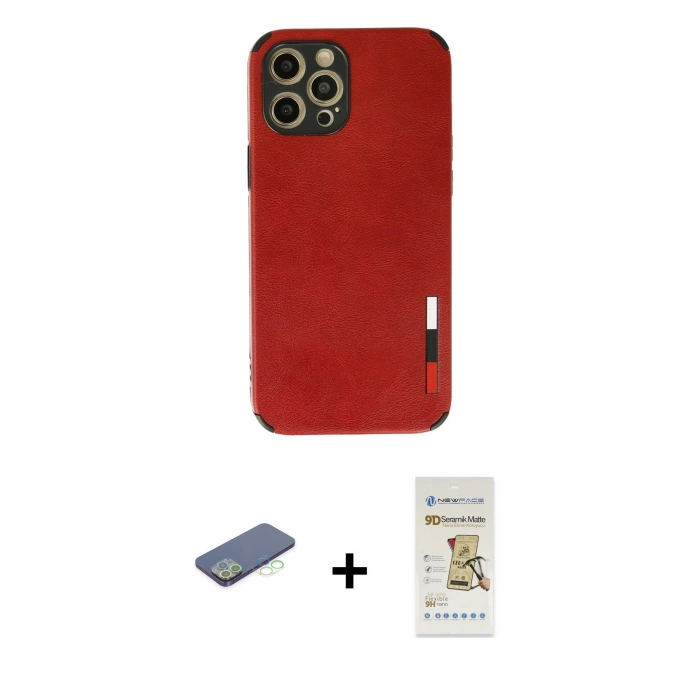 MARSİLYAN™- iPhone 12 Pro Max Kılıf Doruk Asil Koleksiyonu - Siyah Mat Seramik Nano Ekran Koruyucu + Renkli Kamera Lens Koruma Cam - YL