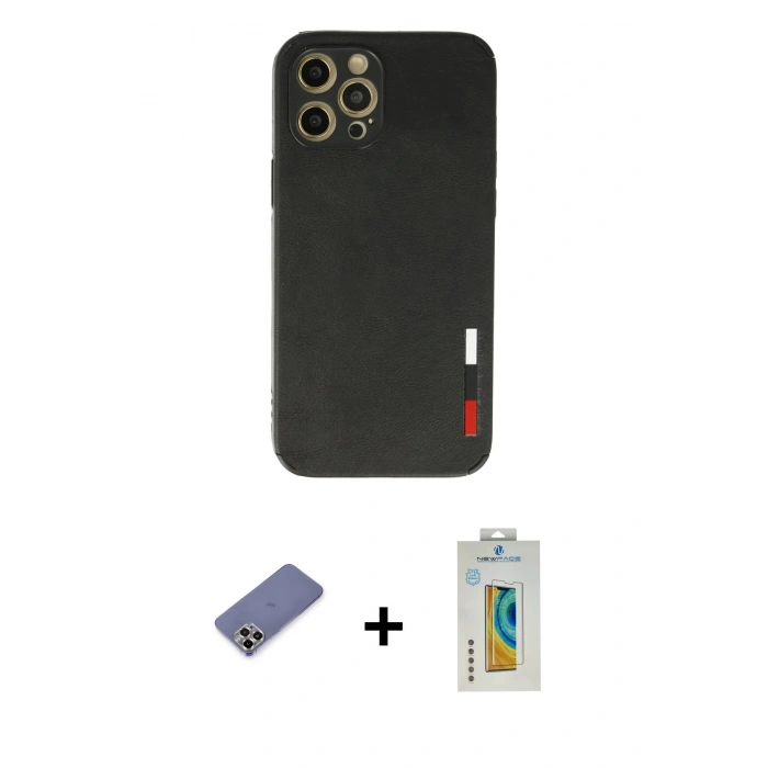 MARSİLYAN™- iPhone 12 Pro Max Kılıf Doruk Asil Koleksiyonu - Siyah Polymer Nano Ekran Koruyucu + Metal Kamera Lens Koruma Cam - GD