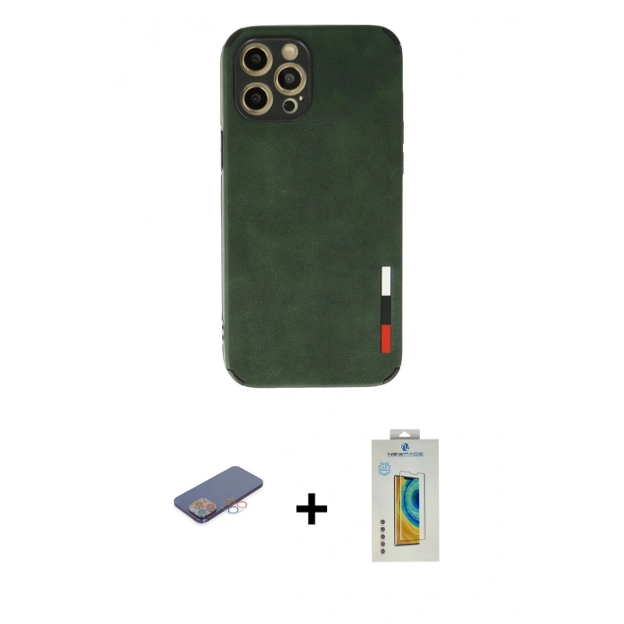 MARSİLYAN™- iPhone 12 Pro Max Kılıf Doruk Asil Koleksiyonu - Siyah Polymer Nano Ekran Koruyucu + Renkli Kamera Lens Koruma Cam - PE