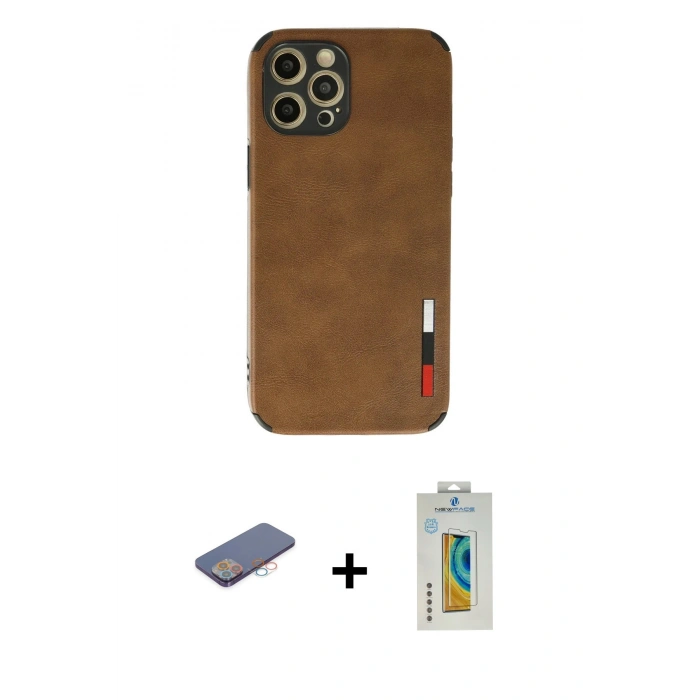 MARSİLYAN™- iPhone 12 Pro Max Kılıf Doruk Asil Koleksiyonu - Siyah Polymer Nano Ekran Koruyucu + Renkli Kamera Lens Koruma Cam - PE