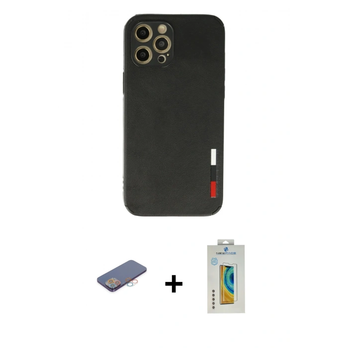 MARSİLYAN™- iPhone 12 Pro Max Kılıf Doruk Asil Koleksiyonu - Siyah Polymer Nano Ekran Koruyucu + Renkli Kamera Lens Koruma Cam - PE