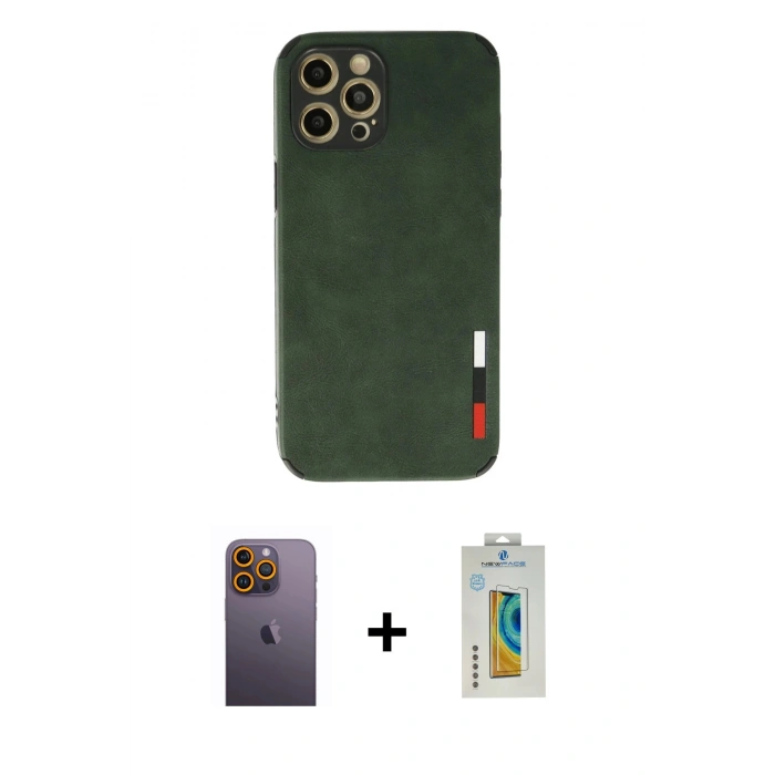 MARSİLYAN™- iPhone 12 Pro Max Kılıf Doruk Asil Koleksiyonu - Siyah Polymer Nano Ekran Koruyucu + Neon Fosforlu Kamera Lens - SI