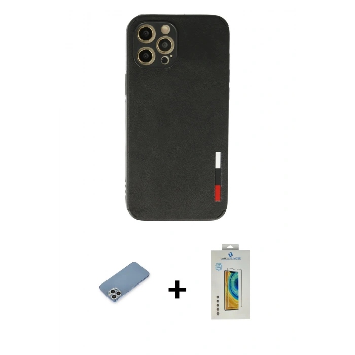 MARSİLYAN™- iPhone 12 Pro Max Kılıf Doruk Asil Koleksiyonu - Siyah Polymer Nano Ekran Koruyucu + Shine Kamera Lens Koruma Cam - GS
