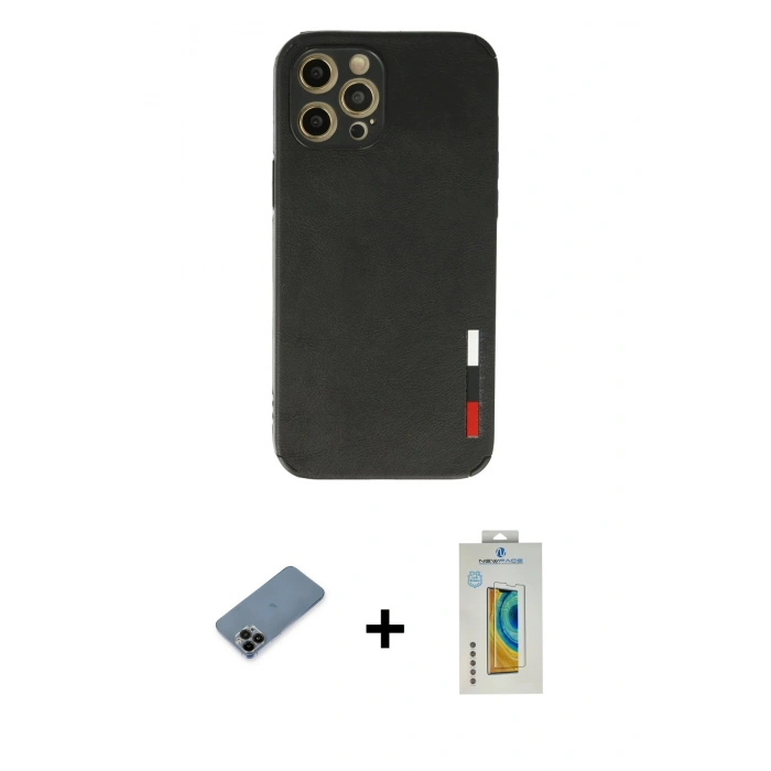 MARSİLYAN™- iPhone 12 Pro Max Kılıf Doruk Asil Koleksiyonu - Siyah Polymer Nano Ekran Koruyucu + Shine Kamera Lens Koruma Cam - SH
