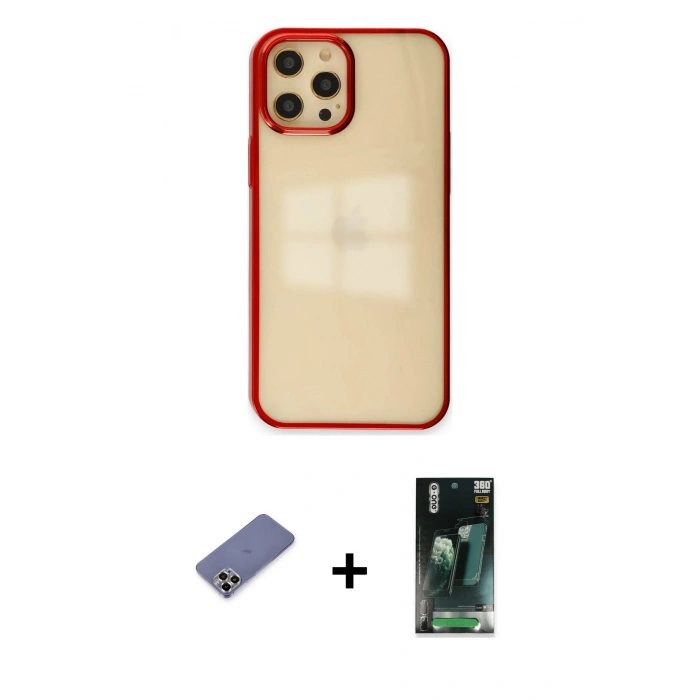MARSİLYAN™- iPhone 12 Pro Max Kılıf Doruk Doku Prime - Şeffaf 360 Full Body Arka Koruyucu + Metal Kamera Lens Koruma Cam - GD
