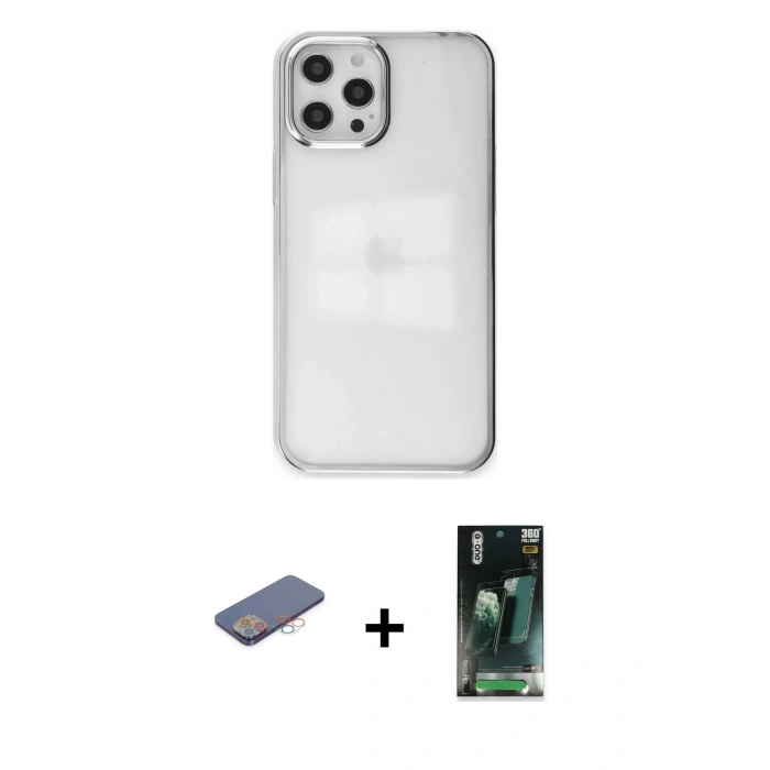 MARSİLYAN™- iPhone 12 Pro Max Kılıf Doruk Doku Prime - Şeffaf 360 Full Body Arka Koruyucu + Renkli Kamera Lens Koruma Cam - PE