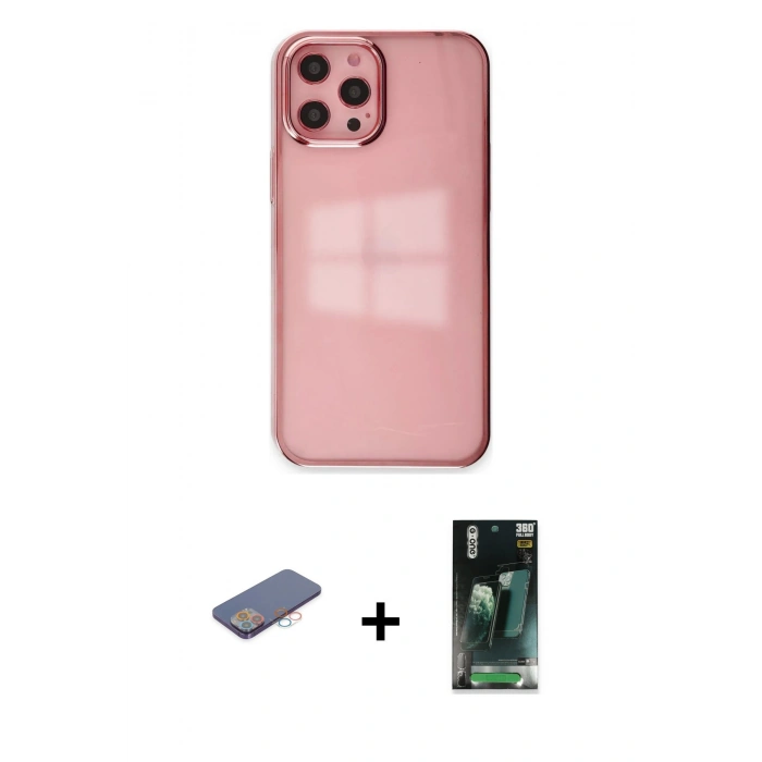 MARSİLYAN™- iPhone 12 Pro Max Kılıf Doruk Doku Prime - Şeffaf 360 Full Body Arka Koruyucu + Renkli Kamera Lens Koruma Cam - PE