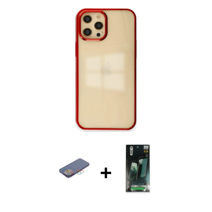 MARSİLYAN™- iPhone 12 Pro Max Kılıf Doruk Doku Prime - Şeffaf 360 Full Body Arka Koruyucu + Renkli Kamera Lens Koruma Cam - PE