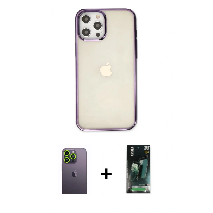 MARSİLYAN™- iPhone 12 Pro Max Kılıf Doruk Doku Prime - Şeffaf 360 Full Body Arka Koruyucu + Neon Fosforlu Kamera Lens - YL
