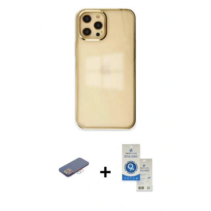 MARSİLYAN™- iPhone 12 Pro Max Kılıf Doruk Doku Prime - Şeffaf Royal Nano Ekran Koruyucu + Renkli Kamera Lens Koruma Cam - PE