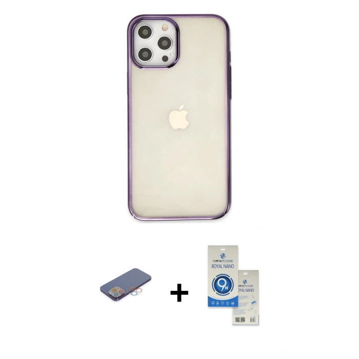 MARSİLYAN™- iPhone 12 Pro Max Kılıf Doruk Doku Prime - Şeffaf Royal Nano Ekran Koruyucu + Renkli Kamera Lens Koruma Cam - PE