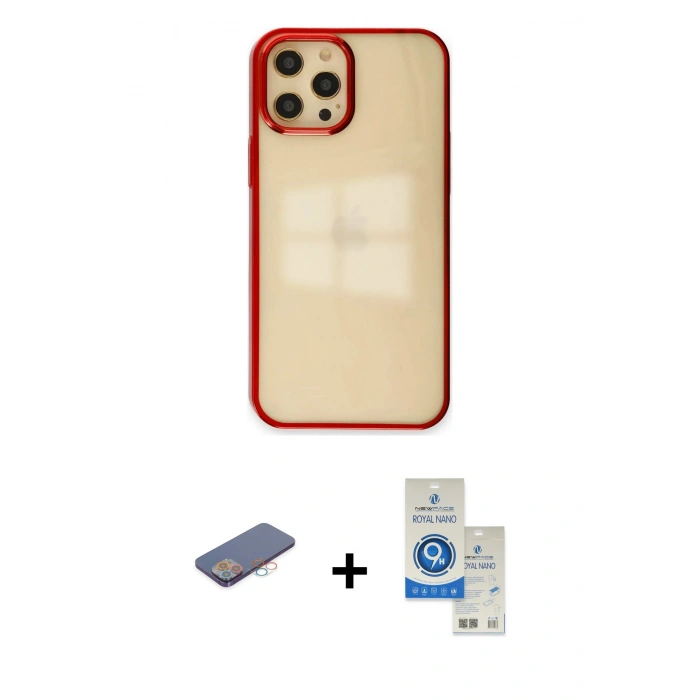 MARSİLYAN™- iPhone 12 Pro Max Kılıf Doruk Doku Prime - Şeffaf Royal Nano Ekran Koruyucu + Renkli Kamera Lens Koruma Cam - PE