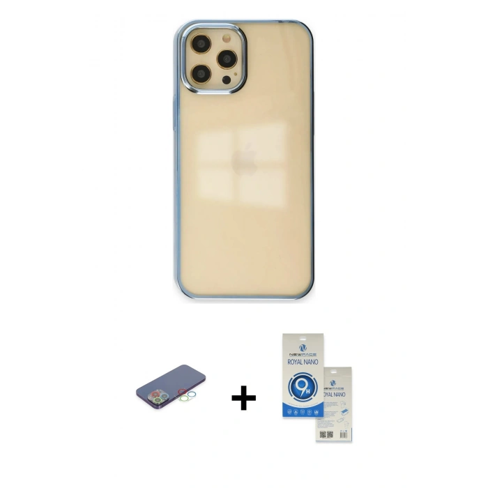 MARSİLYAN™- iPhone 12 Pro Max Kılıf Doruk Doku Prime - Şeffaf Royal Nano Ekran Koruyucu + Renkli Kamera Lens Koruma Cam - MI