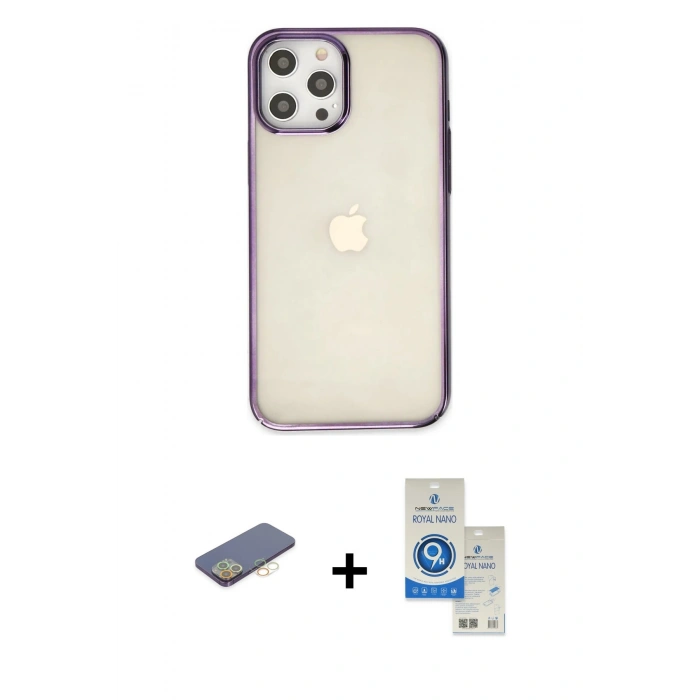MARSİLYAN™- iPhone 12 Pro Max Kılıf Doruk Doku Prime - Şeffaf Royal Nano Ekran Koruyucu + Renkli Kamera Lens Koruma Cam - SI