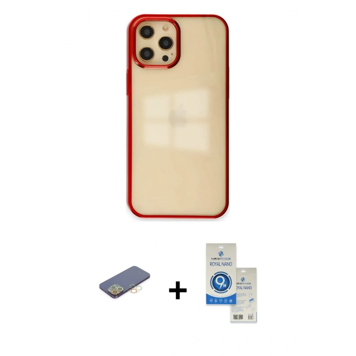 MARSİLYAN™- iPhone 12 Pro Max Kılıf Doruk Doku Prime - Şeffaf Royal Nano Ekran Koruyucu + Renkli Kamera Lens Koruma Cam - SI