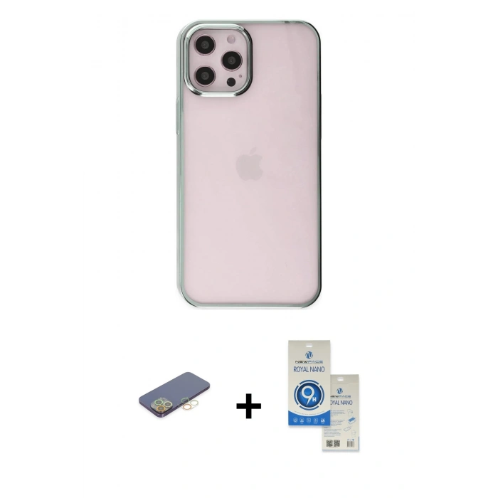 MARSİLYAN™- iPhone 12 Pro Max Kılıf Doruk Doku Prime - Şeffaf Royal Nano Ekran Koruyucu + Renkli Kamera Lens Koruma Cam - SI