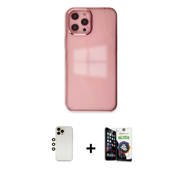 MARSİLYAN™- iPhone 12 Pro Max Kılıf Doruk Doku Prime - Şeffaf Temperli Cam Ekran Koruyucu + Gold Shine Kamera Lens