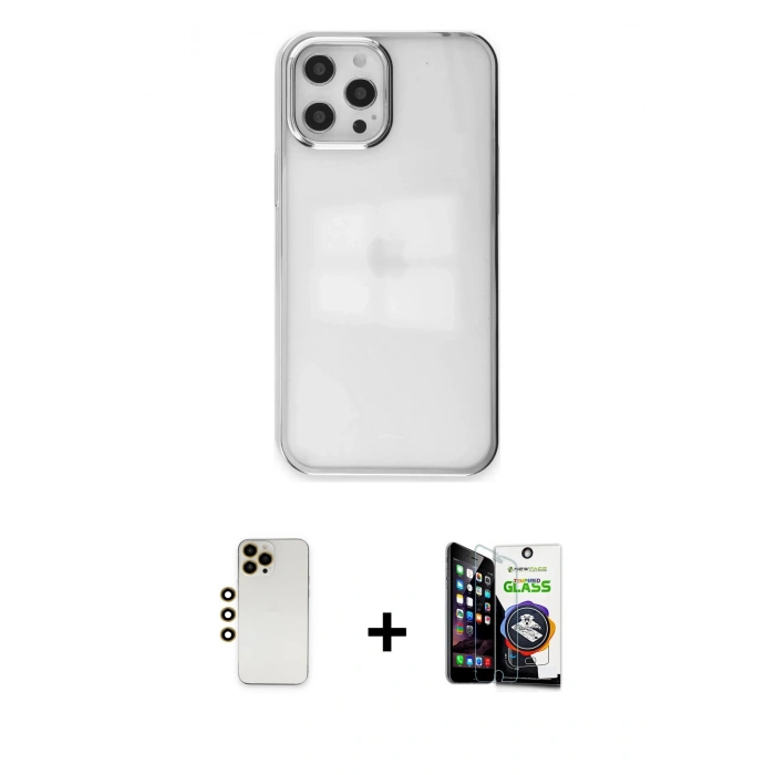 MARSİLYAN™- iPhone 12 Pro Max Kılıf Doruk Doku Prime - Şeffaf Temperli Cam Ekran Koruyucu + Gold Shine Kamera Lens