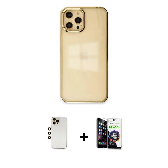 MARSİLYAN™- iPhone 12 Pro Max Kılıf Doruk Doku Prime - Şeffaf Temperli Cam Ekran Koruyucu + Gold Shine Kamera Lens
