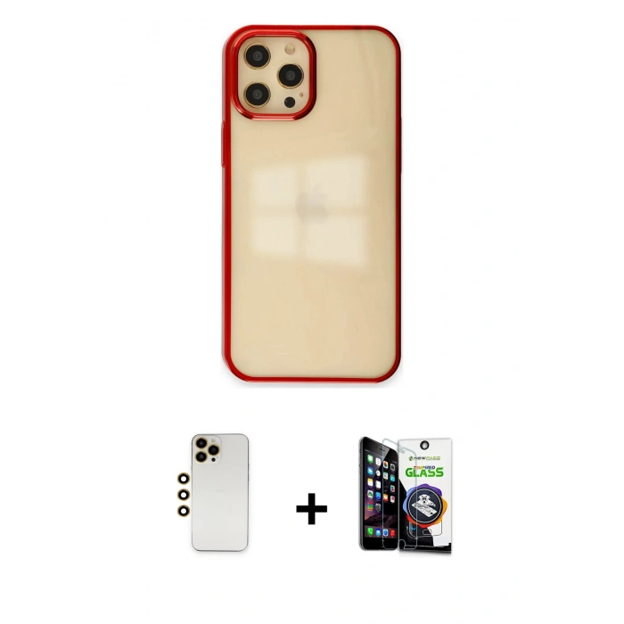 MARSİLYAN™- iPhone 12 Pro Max Kılıf Doruk Doku Prime - Şeffaf Temperli Cam Ekran Koruyucu + Gold Shine Kamera Lens