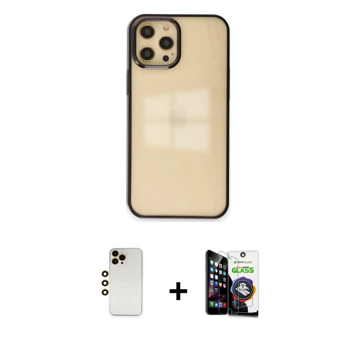 MARSİLYAN™- iPhone 12 Pro Max Kılıf Doruk Doku Prime - Şeffaf Temperli Cam Ekran Koruyucu + Gold Shine Kamera Lens