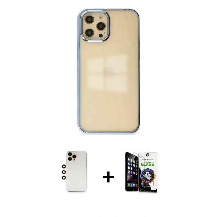 MARSİLYAN™- iPhone 12 Pro Max Kılıf Doruk Doku Prime - Şeffaf Temperli Cam Ekran Koruyucu + Gold Shine Kamera Lens