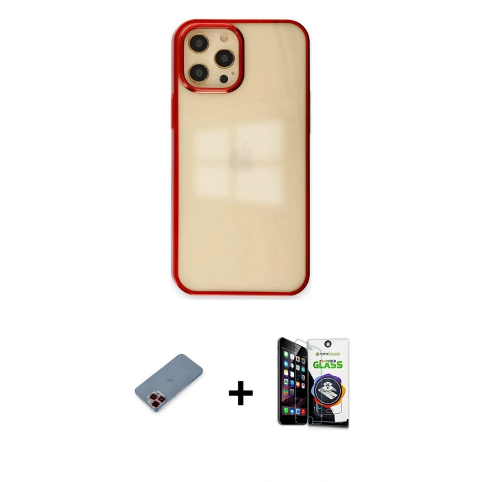 MARSİLYAN™- iPhone 12 Pro Max Kılıf Doruk Doku Prime - Şeffaf Temperli Cam Ekran Koruyucu + Kırmızı Metal Kamera Lens Koruma Cam