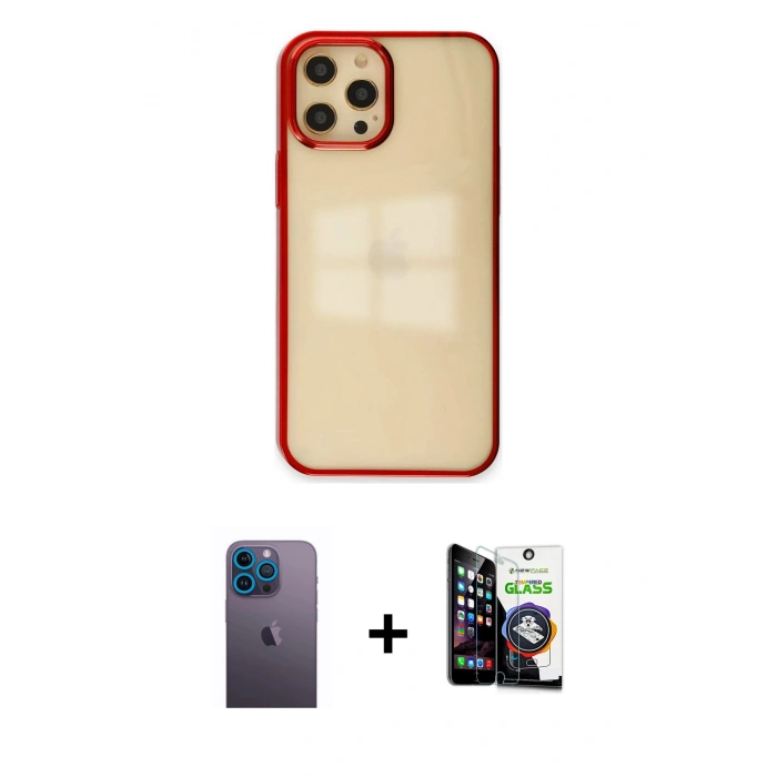 MARSİLYAN™- iPhone 12 Pro Max Kılıf Doruk Doku Prime - Şeffaf Temperli Cam Ekran Koruyucu + Neon Fosforlu Kamera Lens - MI