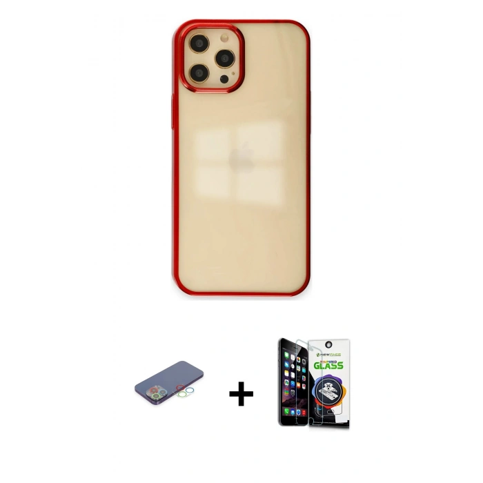 MARSİLYAN™- iPhone 12 Pro Max Kılıf Doruk Doku Prime - Şeffaf Temperli Cam Ekran Koruyucu + Renkli Kamera Lens Koruma Cam - MI