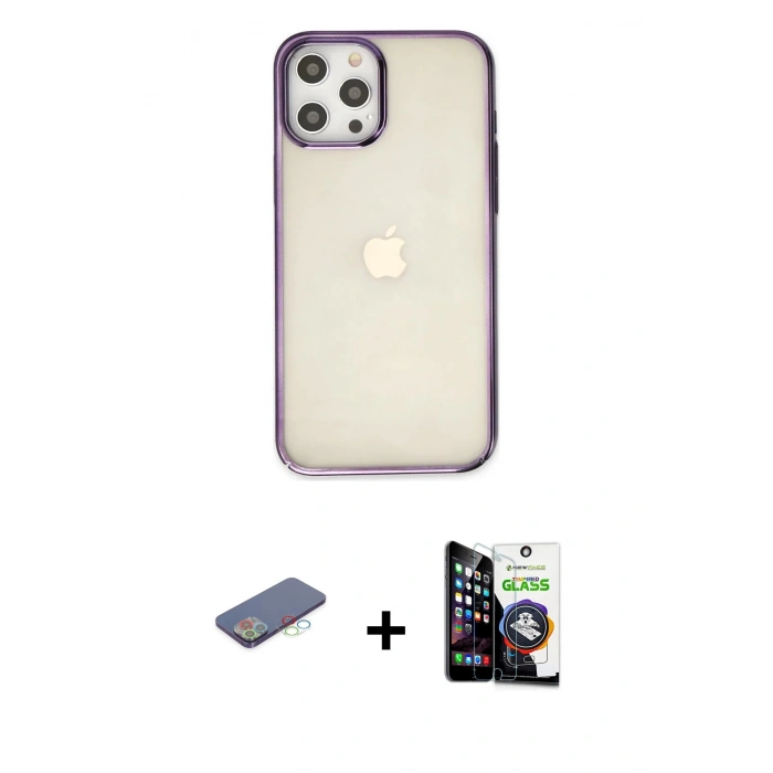 MARSİLYAN™- iPhone 12 Pro Max Kılıf Doruk Doku Prime - Şeffaf Temperli Cam Ekran Koruyucu + Renkli Kamera Lens Koruma Cam - MI