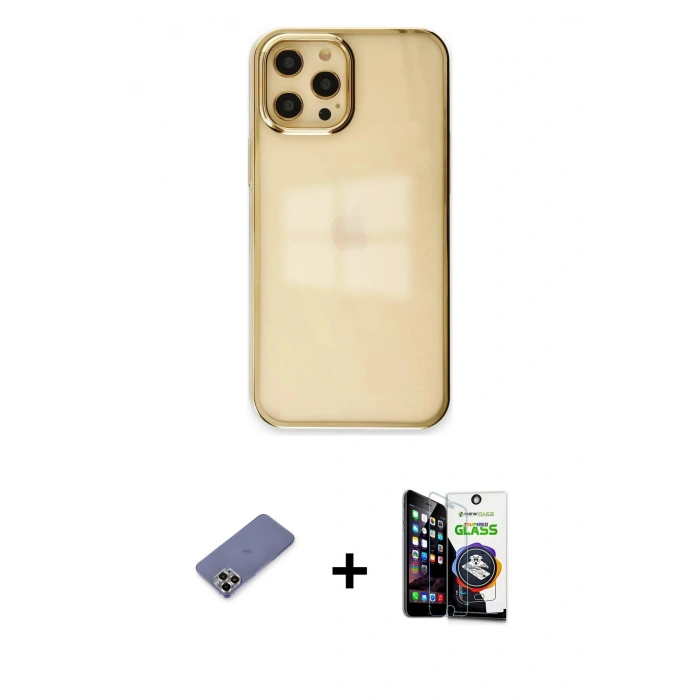 MARSİLYAN™- iPhone 12 Pro Max Kılıf Doruk Doku Prime - Şeffaf Temperli Cam Ekran Koruyucu + Metal Kamera Lens Koruma Cam - GD