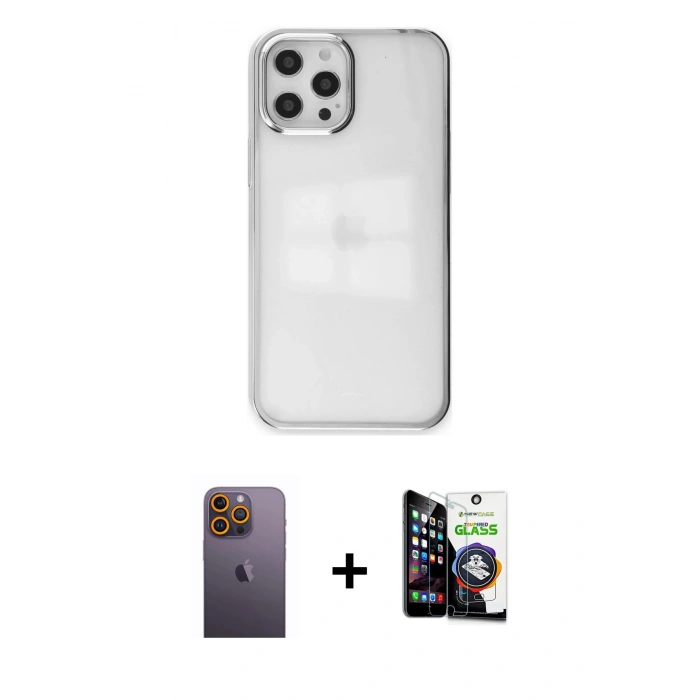 MARSİLYAN™- iPhone 12 Pro Max Kılıf Doruk Doku Prime - Şeffaf Temperli Cam Ekran Koruyucu + Neon Fosforlu Kamera Lens - SI