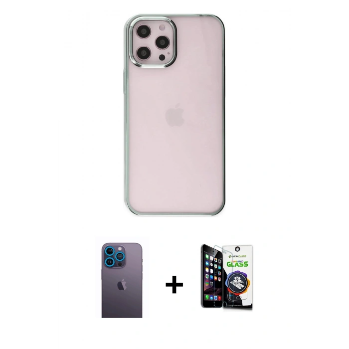 MARSİLYAN™- iPhone 12 Pro Max Kılıf Doruk Doku Prime - Şeffaf Temperli Cam Ekran Koruyucu + Neon Fosforlu Kamera Lens - MI