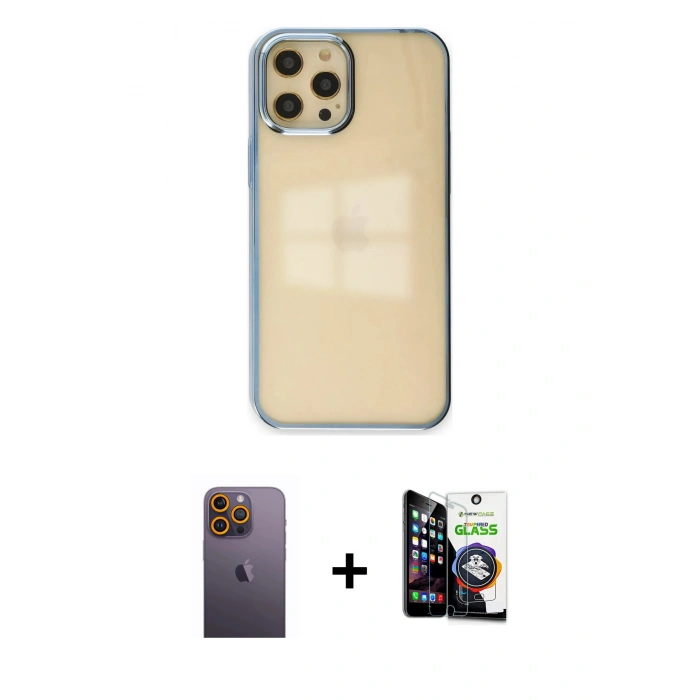 MARSİLYAN™- iPhone 12 Pro Max Kılıf Doruk Doku Prime - Şeffaf Temperli Cam Ekran Koruyucu + Neon Fosforlu Kamera Lens - SI