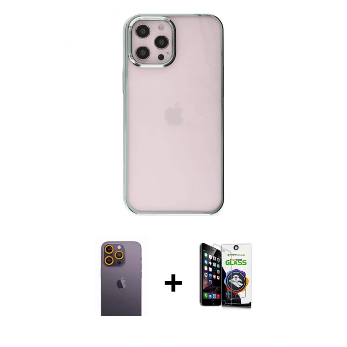 MARSİLYAN™- iPhone 12 Pro Max Kılıf Doruk Doku Prime - Şeffaf Temperli Cam Ekran Koruyucu + Neon Fosforlu Kamera Lens - SI