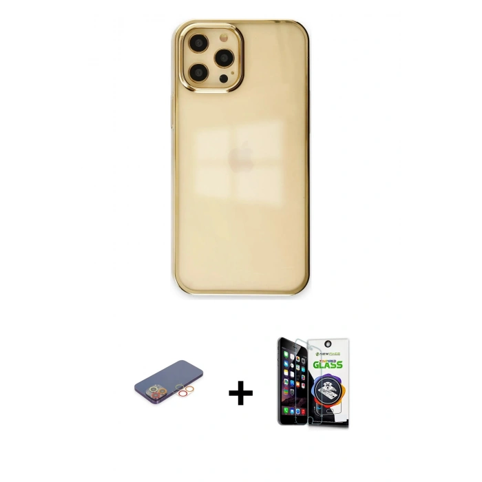 MARSİLYAN™- iPhone 12 Pro Max Kılıf Doruk Doku Prime - Şeffaf Temperli Cam Ekran Koruyucu + Renkli Kamera Lens Koruma Cam - TU