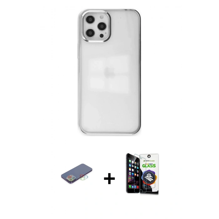 MARSİLYAN™- iPhone 12 Pro Max Kılıf Doruk Doku Prime - Şeffaf Temperli Cam Ekran Koruyucu + Renkli Kamera Lens Koruma Cam - MI