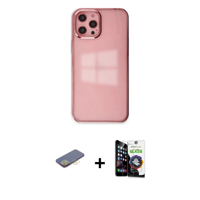 MARSİLYAN™- iPhone 12 Pro Max Kılıf Doruk Doku Prime - Şeffaf Temperli Cam Ekran Koruyucu + Sarı Renkli Kamera Lens Koruma Cam