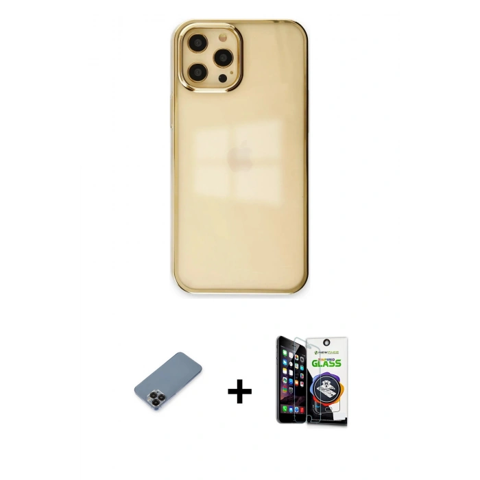 MARSİLYAN™- iPhone 12 Pro Max Kılıf Doruk Doku Prime - Şeffaf Temperli Cam Ekran Koruyucu + Siyah Metal Kamera Lens Koruma Cam