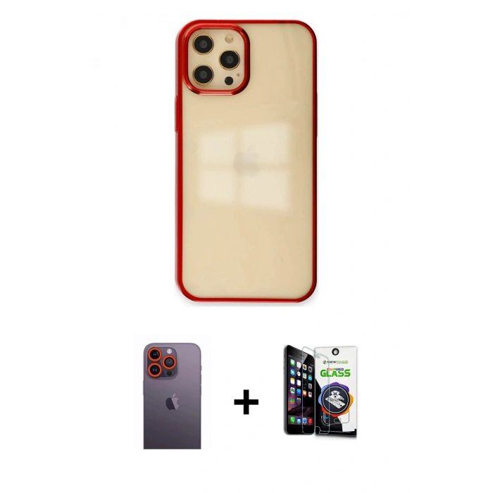 MARSİLYAN™- iPhone 12 Pro Max Kılıf Doruk Doku Prime - Şeffaf Temperli Cam Ekran Koruyucu + Turuncu Neon Fosforlu Kamera Lens
