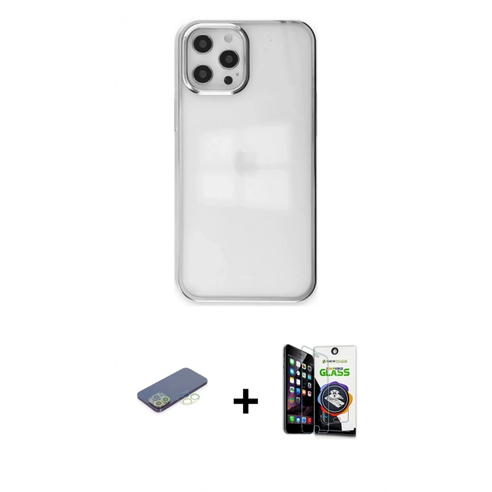 MARSİLYAN™- iPhone 12 Pro Max Kılıf Doruk Doku Prime - Şeffaf Temperli Cam Ekran Koruyucu + Renkli Kamera Lens Koruma Cam - YL