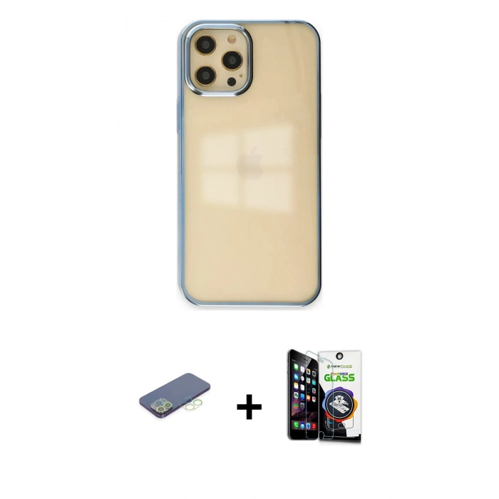 MARSİLYAN™- iPhone 12 Pro Max Kılıf Doruk Doku Prime - Şeffaf Temperli Cam Ekran Koruyucu + Renkli Kamera Lens Koruma Cam - YL