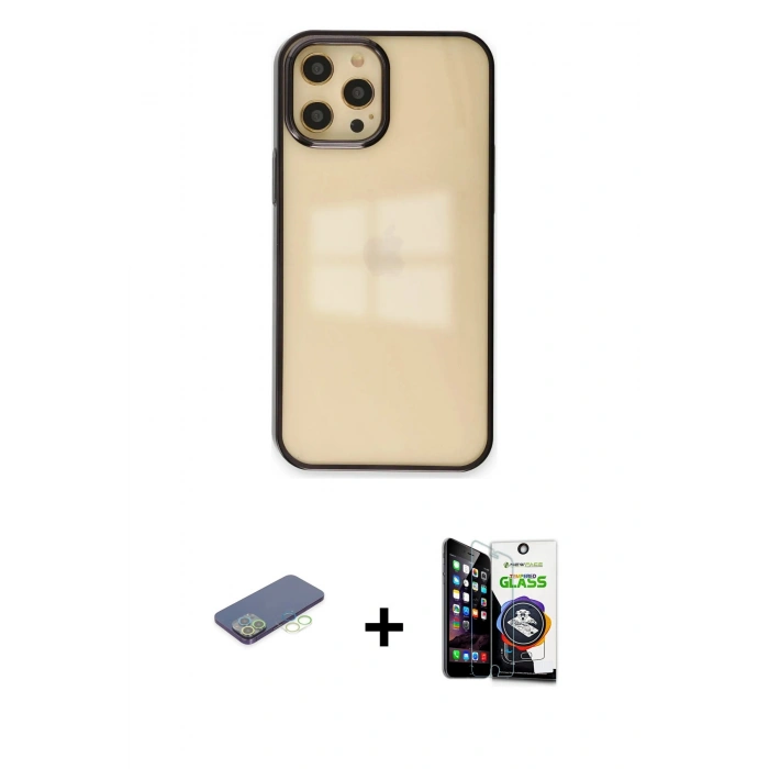 MARSİLYAN™- iPhone 12 Pro Max Kılıf Doruk Doku Prime - Şeffaf Temperli Cam Ekran Koruyucu + Renkli Kamera Lens Koruma Cam - YL