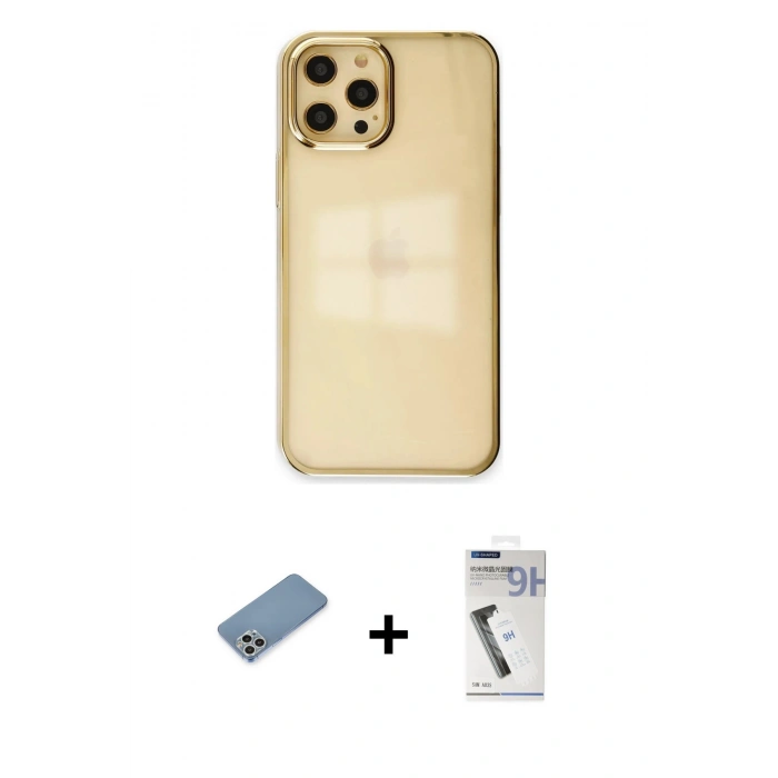 MARSİLYAN™- iPhone 12 Pro Max Kılıf Doruk Doku Prime - Şeffaf Uv Polymer Nano Ekran Koruyucu + Gümüş Shine Kamera Lens Koruma Cam