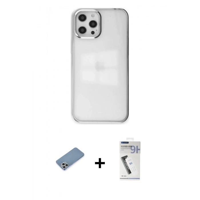 MARSİLYAN™- iPhone 12 Pro Max Kılıf Doruk Doku Prime - Şeffaf Uv Polymer Nano Ekran Koruyucu + Gümüş Shine Kamera Lens Koruma Cam