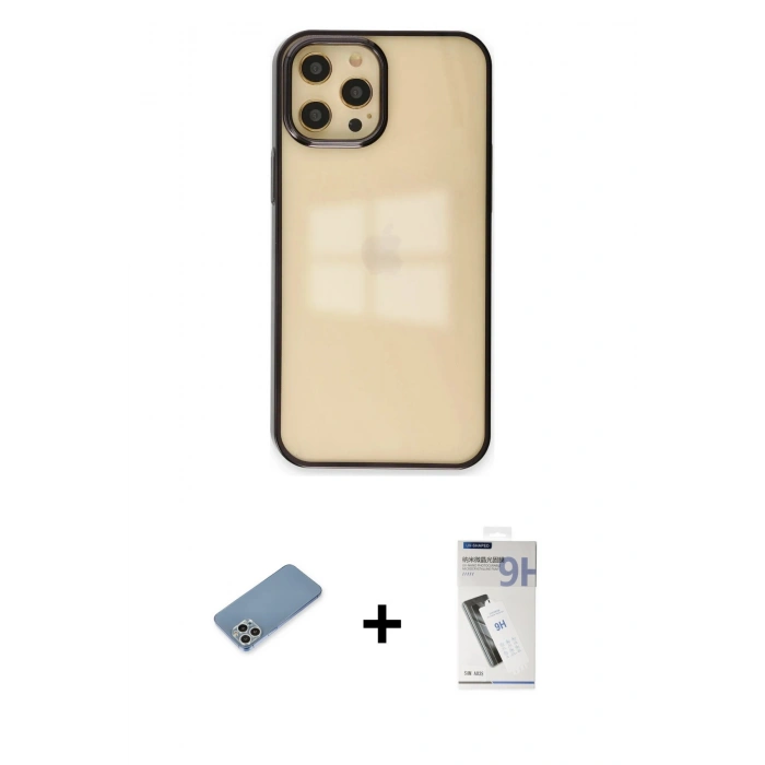 MARSİLYAN™- iPhone 12 Pro Max Kılıf Doruk Doku Prime - Şeffaf Uv Polymer Nano Ekran Koruyucu + Gümüş Shine Kamera Lens Koruma Cam