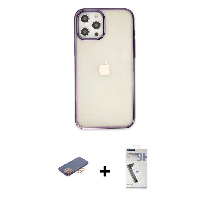 MARSİLYAN™- iPhone 12 Pro Max Kılıf Doruk Doku Prime - Şeffaf Uv Polymer Nano Ekran Koruyucu + Turuncu Renkli Kamera Lens Koruma Cam