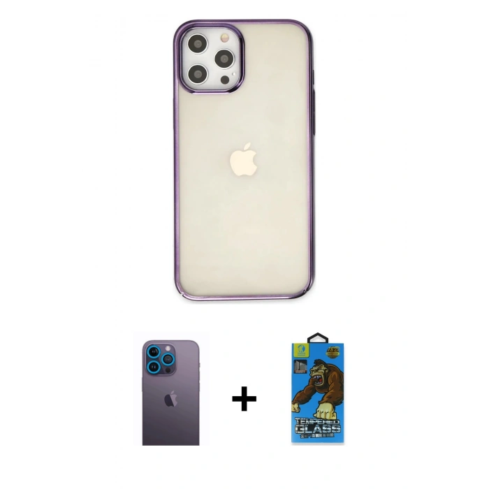 MARSİLYAN™- iPhone 12 Pro Max Kılıf Doruk Doku Prime - Siyah 18D Cam Ekran Koruyucu + Neon Fosforlu Kamera Lens - MI