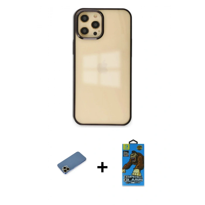 MARSİLYAN™- iPhone 12 Pro Max Kılıf Doruk Doku Prime - Siyah 18D Cam Ekran Koruyucu + Shine Kamera Lens Koruma Cam - GD