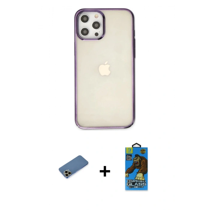 MARSİLYAN™- iPhone 12 Pro Max Kılıf Doruk Doku Prime - Siyah 18D Cam Ekran Koruyucu + Shine Kamera Lens Koruma Cam - GD
